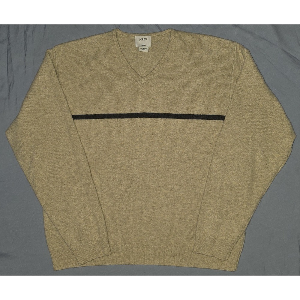 J.Crew Mens 100% Lambswool Pullover‎ Striped Sweater Sz L Beige V Neck Classic